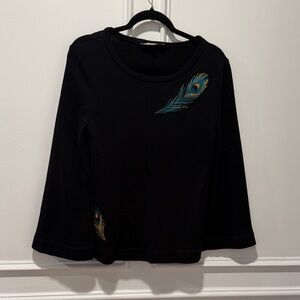 LOFT Black Sweatshirt Size Small Peacock Feather Embroidered Design